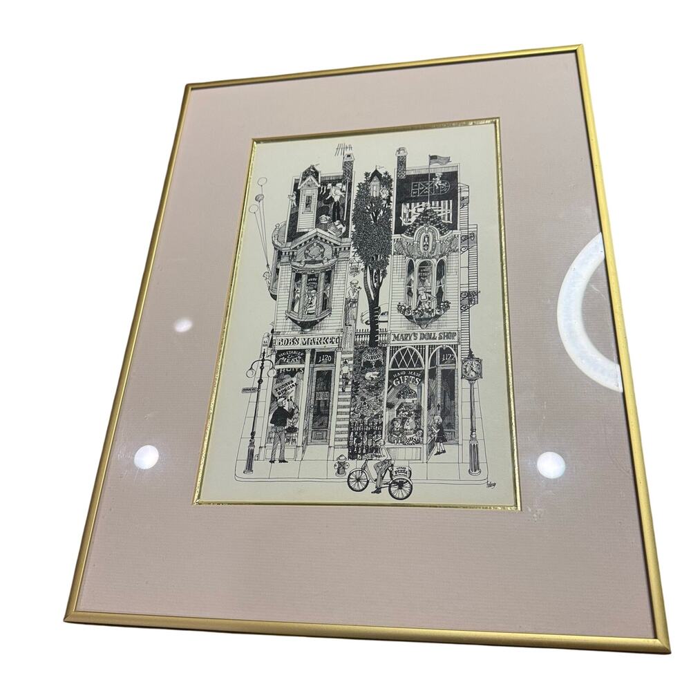 Vintage Bob Holloway Art Print - Black & White / Gold Framed Doll Shop Market